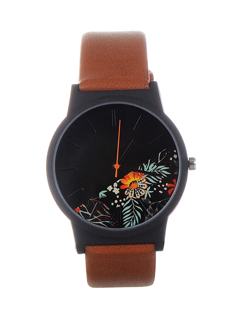 Fashion Brown+orange Flower Shape Pattern Decorated Watch