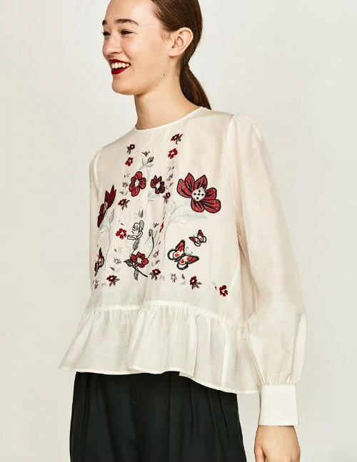 Vintage White Embroidered Fabric Decorated Simple Long-sleeved Shirt