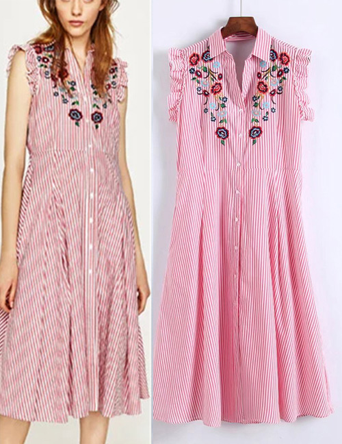 Fashion Pink Embroidered Fabric Decorated Simple Sleeveless Long Dress