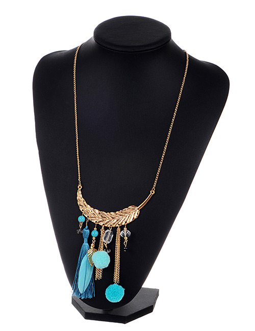 Bohemia Blue Feather Decorated Pom Necklace