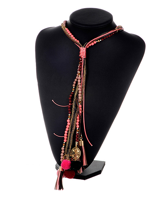 Bohemia Pink Long Tassel Decorated Pom Necklace