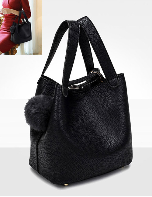 Fashion Black Fuzzy Ball Decorated Pure Color Shoulder Bag
