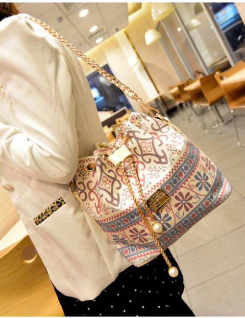 Fashion Multi-color Flower Pattern Decorated Bucket Shape Shoulder Bag