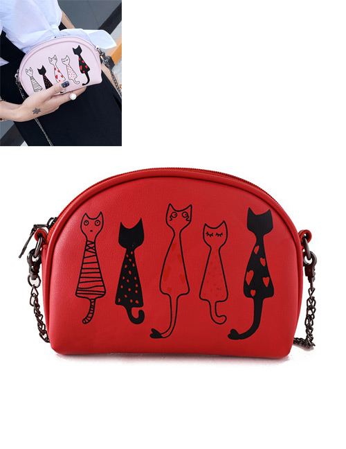 Fashion Red Embroidery Cat Decorated Pure Color Shoulder Bag