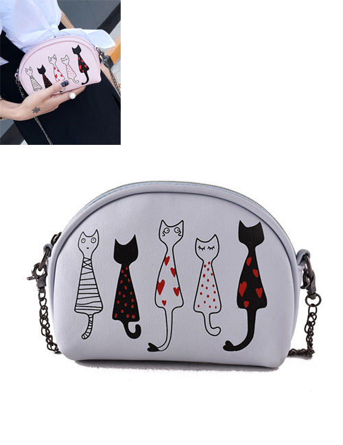 Fashion Gray Embroidery Cat Decorated Pure Color Shoulder Bag