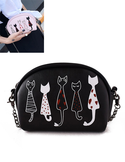Fashion Black Embroidery Cat Decorated Pure Color Shoulder Bag