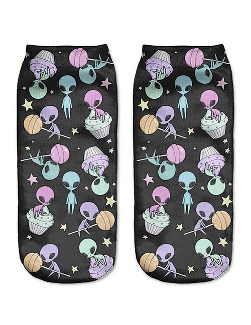 Fashion Black Printing Alien Pattern Decorated Color Matching Sock
