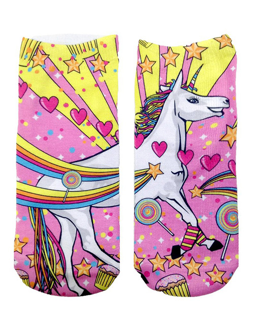 Fashion Pink+yellow Printing Unicorn Pattern Decorated Color Matching Sock