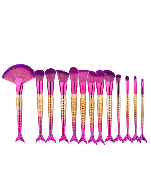 Fashion Pink+gold Color Color Matching Decorated Mermaid Makeup Brush (13pcs)