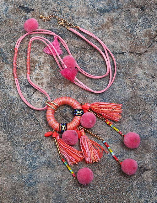Vintage Pink Fuzzy Ball&tassel Decorated Pom Necklace