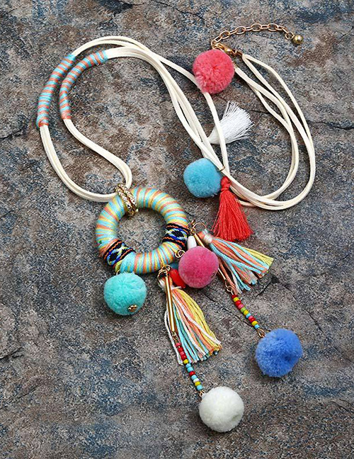 Vintage Multi-color Fuzzy Ball&tassel Decorated Pom Necklace