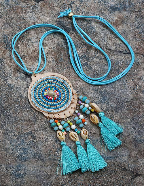Fashion Blue Tassel&shell Pendant Decorated Long Necklace