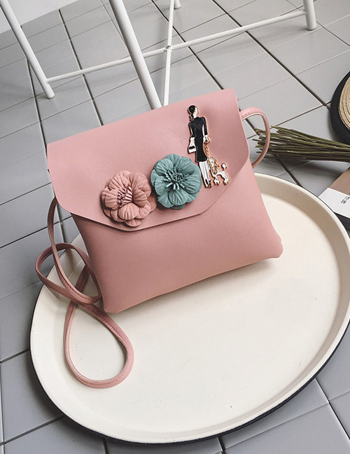 Fashion Pink Flower Decorated Pure Color Shoulder Bag