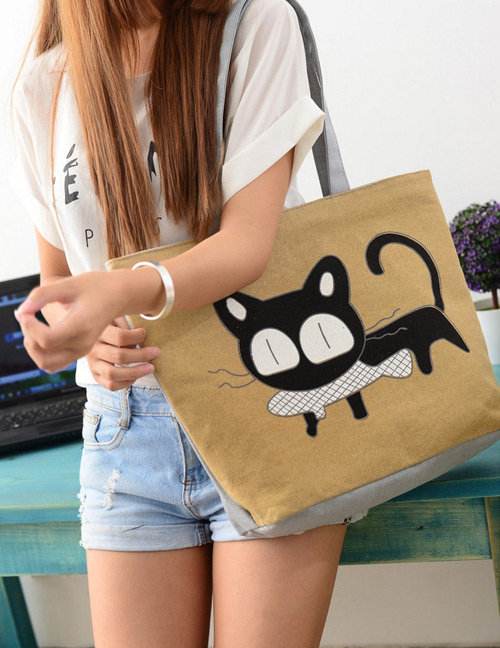 Fashion Yellow Cartoon Cat Pattern Decorated Shoulder Bag