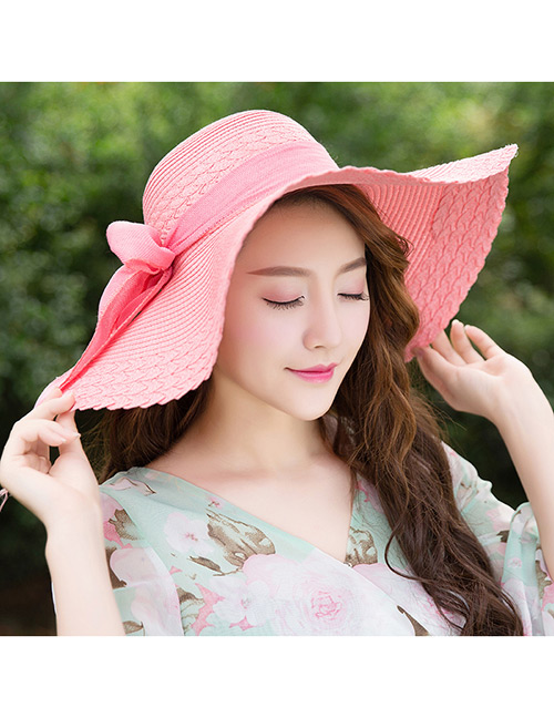 Trendy Pink Bowknot Decorated Pure Color Anti-ultraviolet Hat