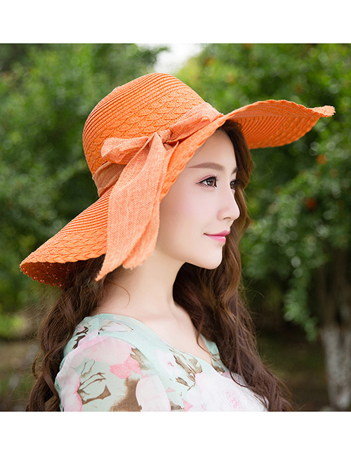 Trendy Orange Bowknot Decorated Pure Color Anti-ultraviolet Hat