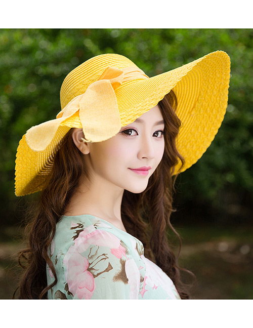 Trendy Yellow Bowknot Decorated Pure Color Anti-ultraviolet Hat