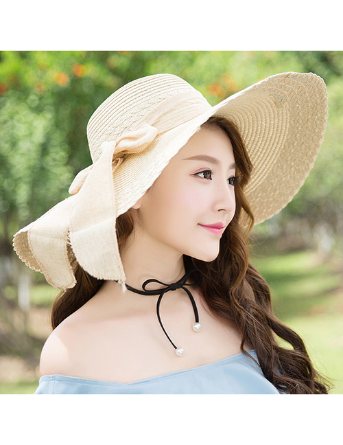 Trendy Beige Bowknot Decorated Pure Color Anti-ultraviolet Hat