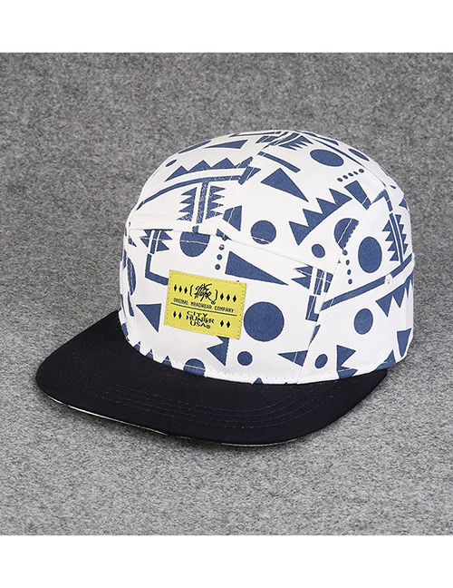 Fashion White+dark Blue Geometric Shape Pattern Decorated Hip-hop Cap