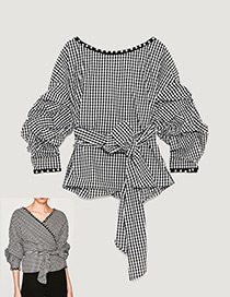 Fashion White+black Grid Pattern Decorated Long Sleeves Blouse(wear Both Sides)