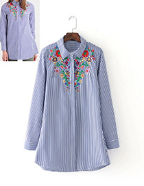 Vintage Blue Embroidery Decorated Long Shirt