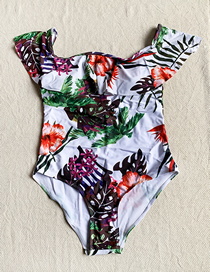 Fashion Color Foliage Floral Print Ruffle One Piece Swimsuit