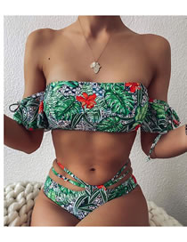 Fashion Green Background Printing Printed Tube Top Straps Split Shoulder Swimsuit
