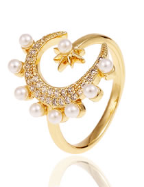 Fashion Gold Brass Diamond Star Moon Pearl Ring