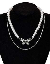 Collar Doble Con Cuentas De Perlas De Mariposa Y Diamantes De Aleación