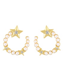 Fashion Gold Bronze Zirconium Pentagram Pearl C-shaped Stud Earrings