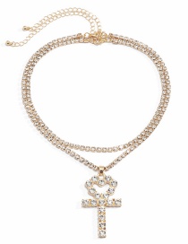 Fashion Golden + Transparent Diamond Tassel Full Diamond Claw Chain Cross Peach Heart Multilayer Necklace