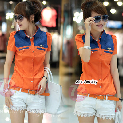 Quilted Orange Mathcing Color Short Puff Sleeve Cotton Tshirt