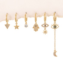 Fashion Gold Copper Inlaid Zirconium Palm Eye Pendant Chain Crescent Earring Set 6 Pieces
