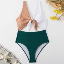 Fashion 4# Polyester Color-blocked Knotted Cutout One-piece Swimsuit