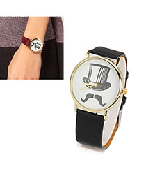 Mustard Black Hat Moustache PU Fashion Watches
