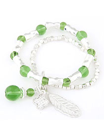 Monogramme Green Beads Decorated Leaf Shape Double Layer Design Alloy Korean Fashion Bracelet