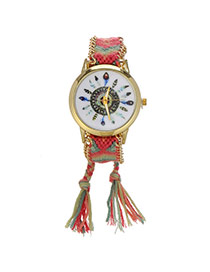 Retro Pink+light Green Feather Pattern Decorated Weave Tassel Design  Alloy Ladies Watches