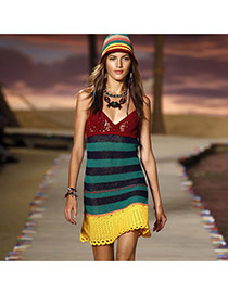 Sexy Multicolor Stripe Pattern Crochet Hollow Out V-neck Design Bikini Cover Up Smock