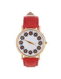 Elegant Red Flowers Pattern Decorated Pure Color Design  Pu Ladies Watches