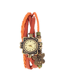 vintage Orange Butterfly Shape Decorated Multilayer Design Pu Ladies Watches