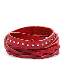 Fashion Red Rivets Decorated Multilayers Weave Design Pu Korean Fashion Bracelet