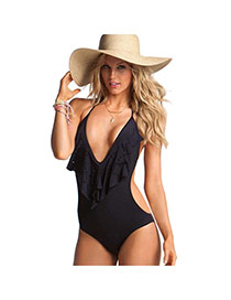 Sexy Black Deep V Neck Decorated One Peice Backless Polyester Monokini
