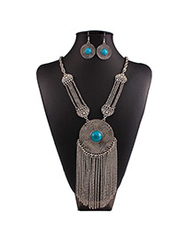 Vintage Blue Round Shape&tassel Pendant Decorated Collar Design Alloy Jewelry Sets
