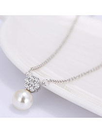 Elegant Silver Color Pearl &diamond Decorated Long Chain Necklace