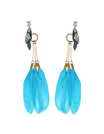 Fashion Blue Feather Decorated Long Tassel Earring