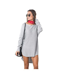 Casual Gray Pure Color Decorated Long Sleeve Loose Irregular Skirt