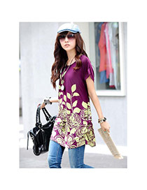 Fashion Purple Leaf&flower Pattern Decorated Short Sleeve Short Dress