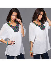 Casual White Embroidery Pattern Decorated Short Sleeve Long Blouse