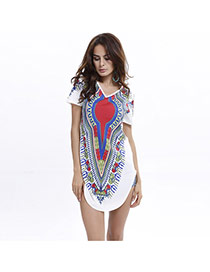Casual White Painting Flower Pattern Decorated Short Sleeve Simple Dress