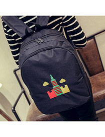 Sweet Black Embroidery Tower Pattern Decorated Pure Color Backpack